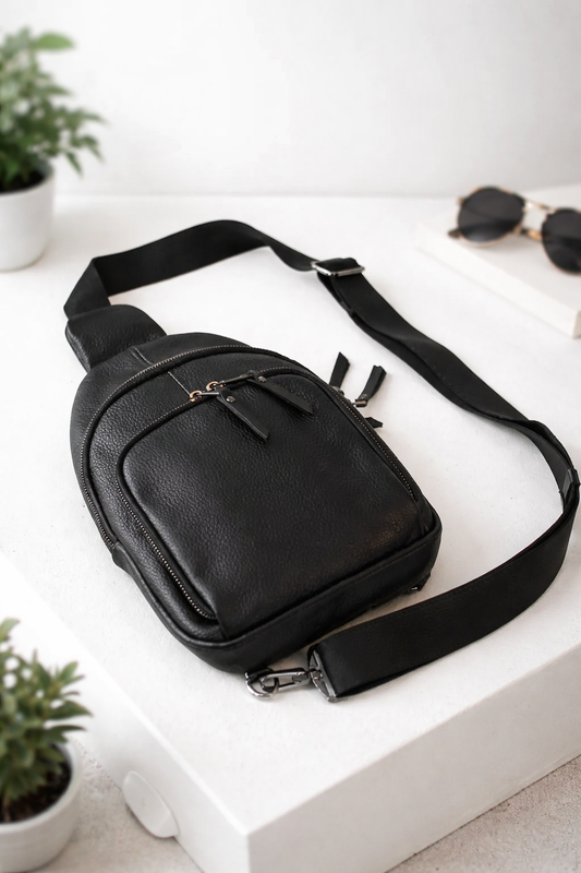 Handmade Genuine Leather Sling Shoulder Bag Black Gift For Him