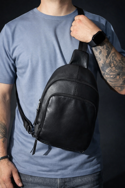 Mens Genuine Leather Sling Bag Black Handmade Leather Shoulder Crossbody Bag Gift for Him