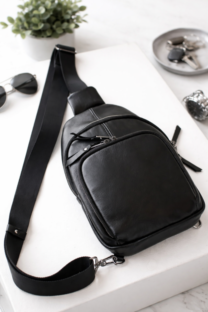 Handmade Black Genuine Leather Sling Bag Gift for Him Mens Leather Shoulder Bag