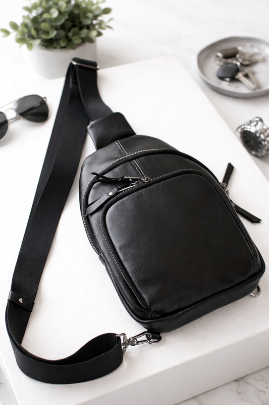 Handmade Black Genuine Leather Sling Bag Gift for Him Mens Leather Shoulder Bag