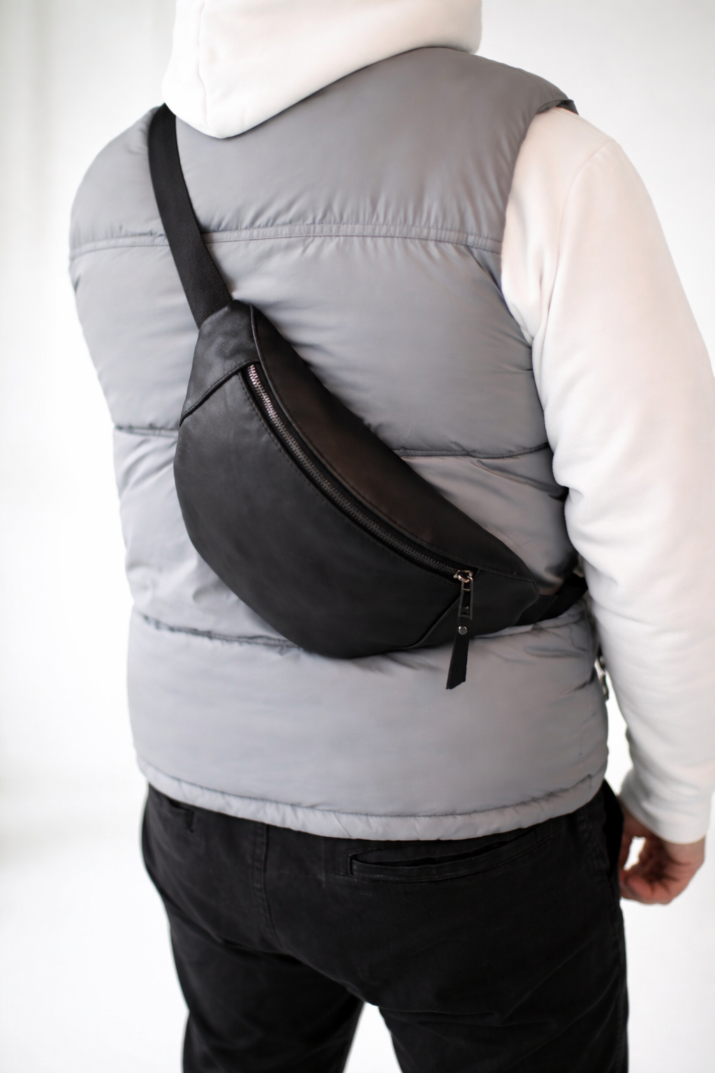 Handmade Mens Black Leather Waist Bag Banana Fanny Pack Gift for Him