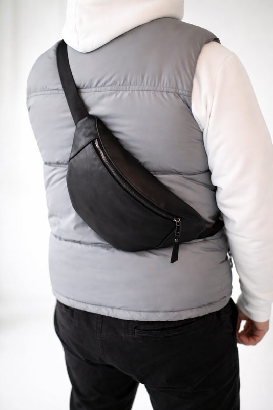 Handmade Mens Black Leather Waist Bag Banana Fanny Pack Gift for Him