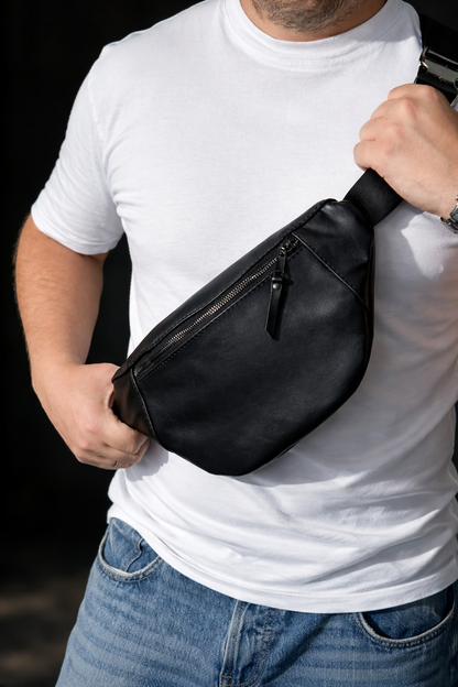Handmade Black Leather Waist Bag Banana Style Gift for Him