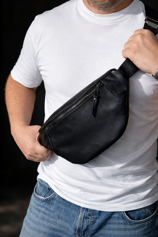 Handmade Black Leather Waist Bag Banana Style Gift for Him