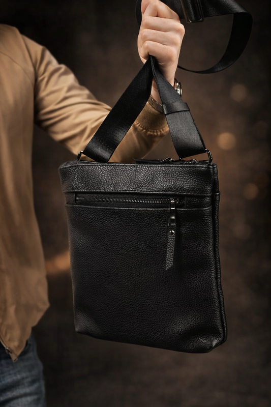 Handmade Genuine Grain Leather Messenger Crossbody Bag for Men Black Gift for Him