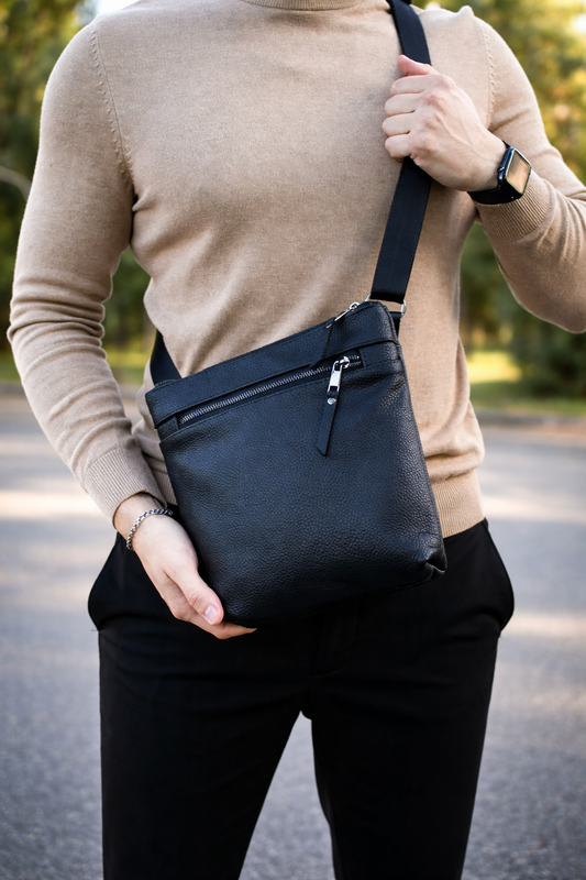 Handmade Genuine Grain Leather Messenger Bag Crossbody Bag For Men Black Gift For Him