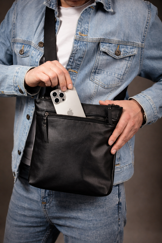 Handmade Genuine Smooth Leather Messenger Bag Men Black Gift For Him Crossbody Shoulder Bag