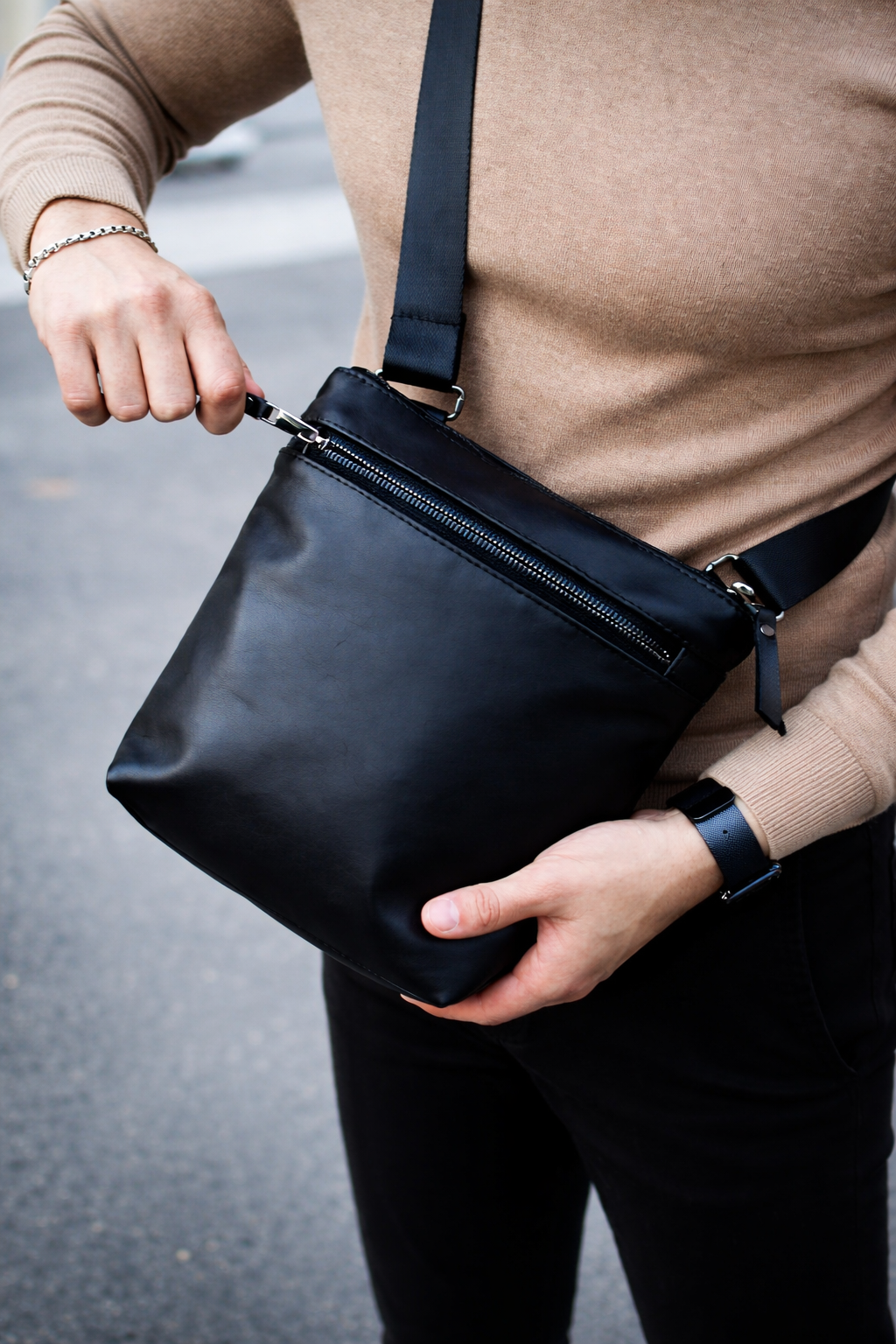 Handmade Genuine Smooth Leather Messenger Bag Black Mens Shoulder Bag Gift for Him
