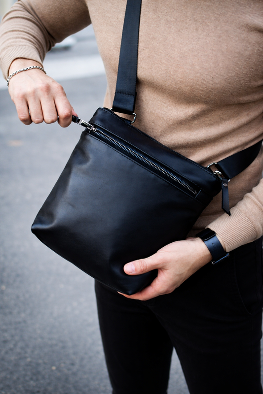 Handmade Genuine Smooth Leather Messenger Bag Black Mens Shoulder Bag Gift for Him