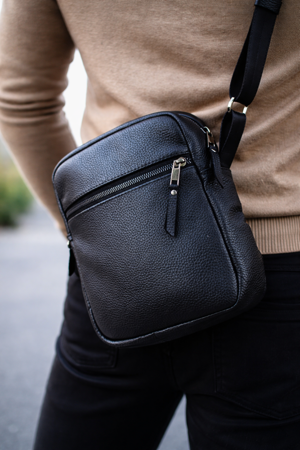 Handmade Genuine Grain Leather Messenger Bag Crossbody for Men Black Gift for Him