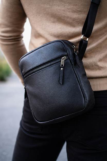 Handmade Genuine Grain Leather Messenger Bag Crossbody for Men Black Gift for Him