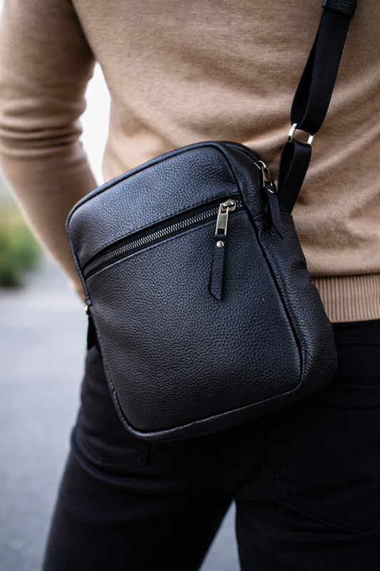 Handmade Genuine Grain Leather Messenger Bag Crossbody for Men Black Gift for Him