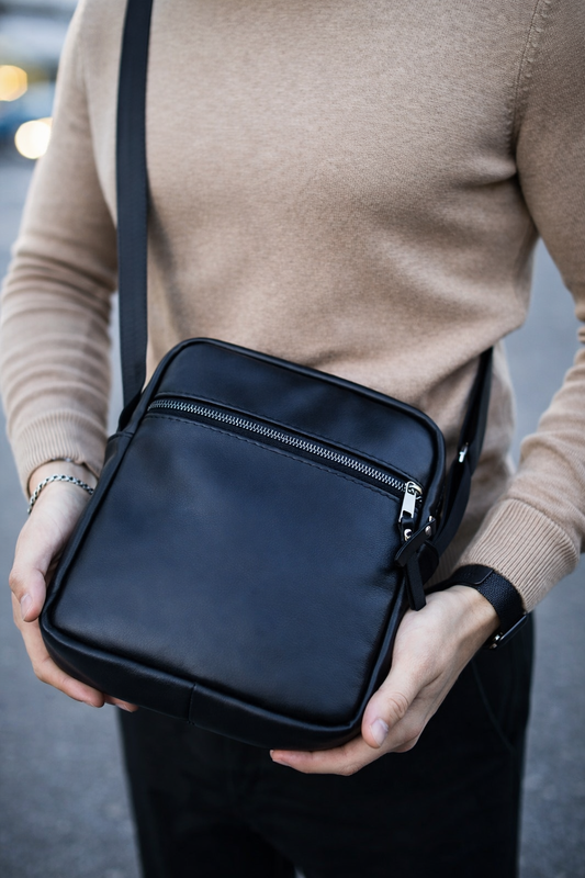 Genuine Smooth Leather Mens Messenger Bag Black Handmade Gift for Him