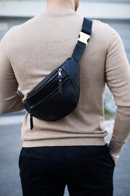 Mens Handmade Leather Banana Belt Bag Black Gift For Him