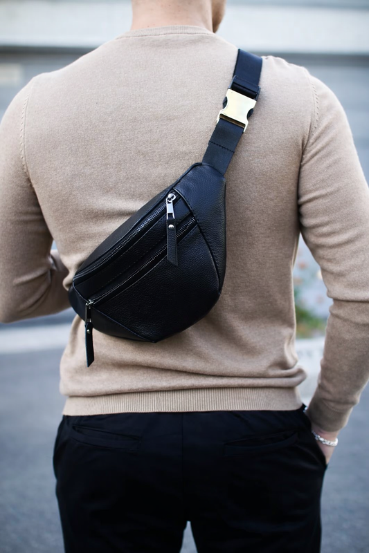 Mens Handmade Leather Banana Belt Bag Black Gift For Him