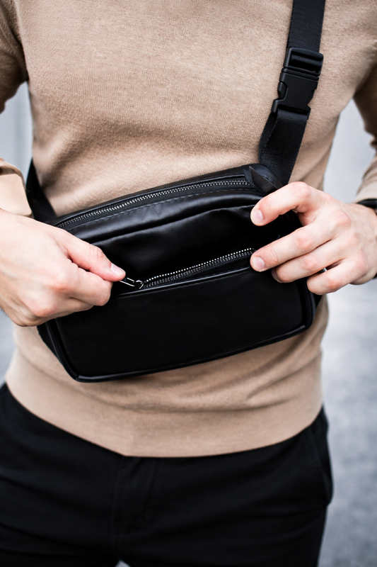 Mens SKILL Crossbody Bag Handmade Gift For Him Black Genuine Smooth Leather