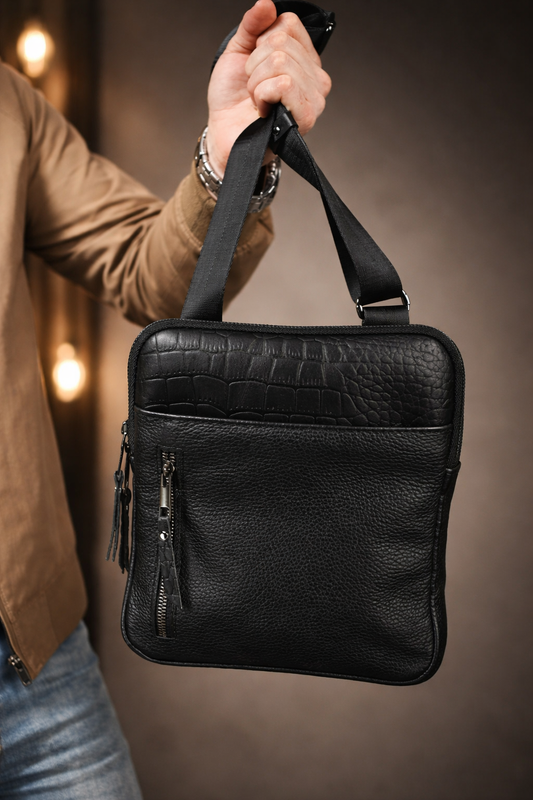 Handmade Genuine Leather Messenger Bag Black Mens Shoulder Bag Crocodile Embossed Gift for Him
