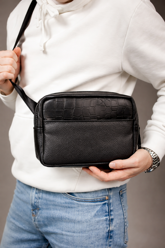 Handmade Genuine Leather Crossbody Banana Bag Belt Bag Black Gift for Him