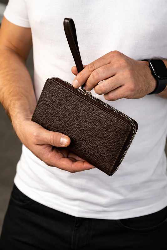 Handmade Brown Grain Leather Mens Clutch Wallet Zipper Wristlet Gift for Him