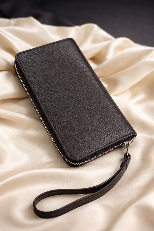 Handmade Mens Brown Grain Leather Clutch Wallet Gift For Him Zip Around Wristlet