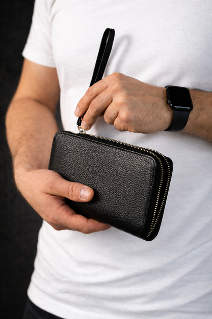 Handmade Mens Clutch Wallet Black Genuine Grain Leather Flotar Gift For Him