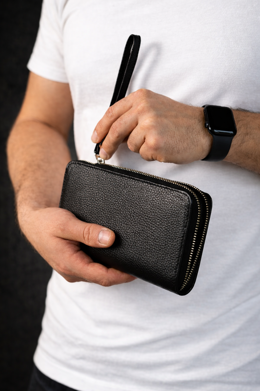 Handmade Mens Clutch Wallet Black Genuine Grain Leather Flotar Gift For Him