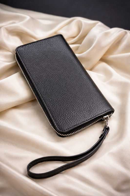 Handmade Black Grain Leather Mens Clutch Wallet Wristlet Gift for Him