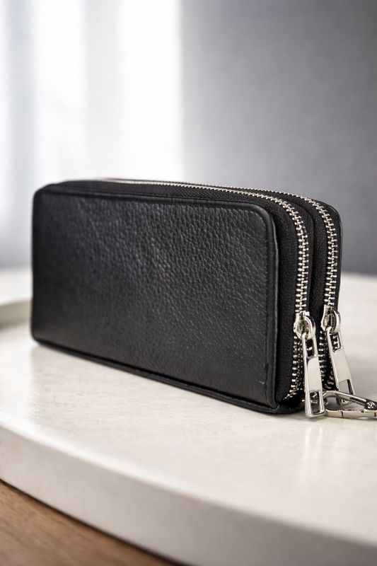 Handmade Mens Black Grain Leather Clutch Wallet Gift For Him