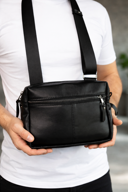 Handmade Mens Black Leather Crossbody Bag Gift for Him Compact Leather Sling Bag