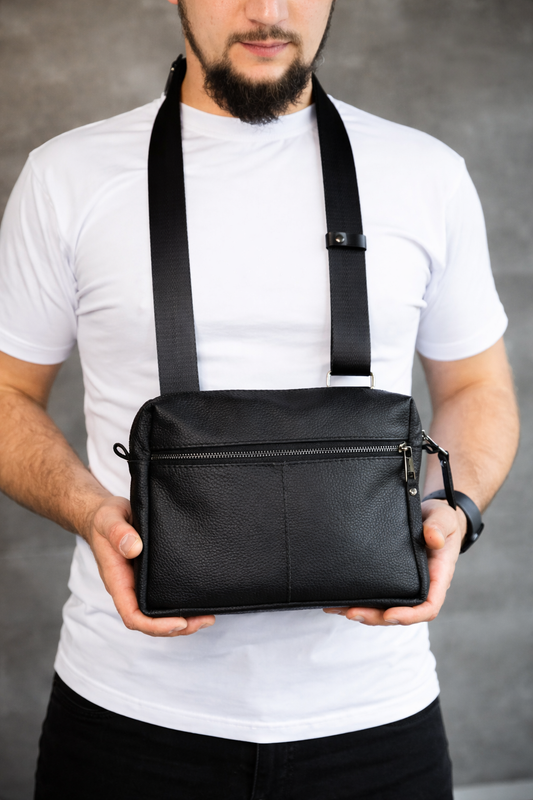 Handmade Mens Leather Crossbody Bag Black Gift for Him