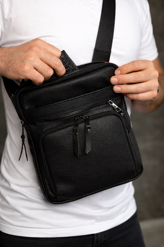 Mens handmade leather crossbody bag black messenger gift for him