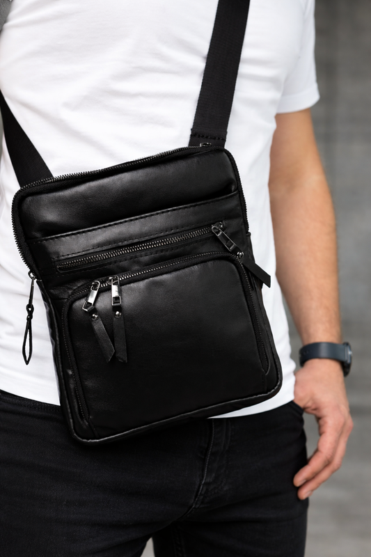 Handmade Mens Skill Leather Crossbody Bag Black Gift for Him