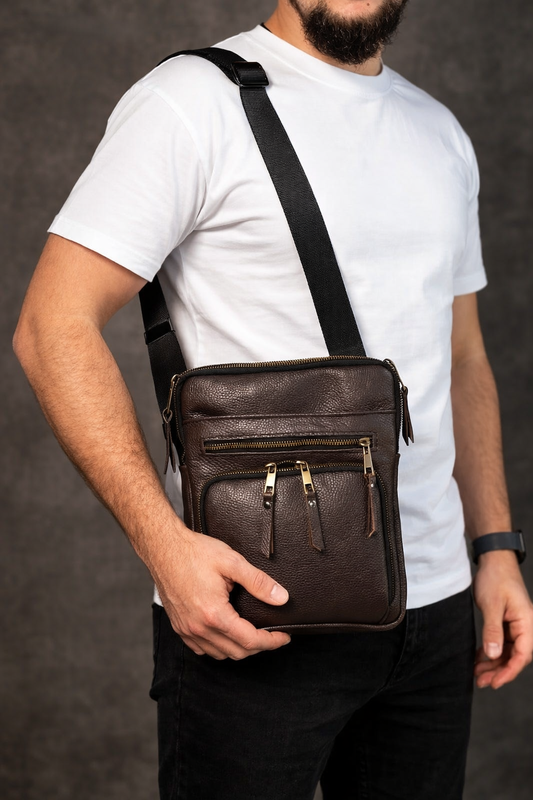 Handmade Mens Brown Leather Shoulder Bag Gift for Him Messenger Crossbody