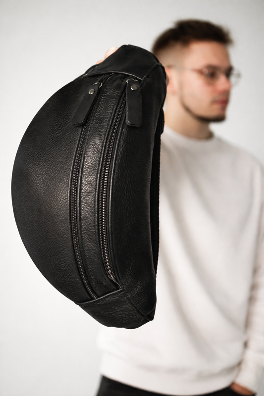Mens genuine leather waist bag handmade gift for him black