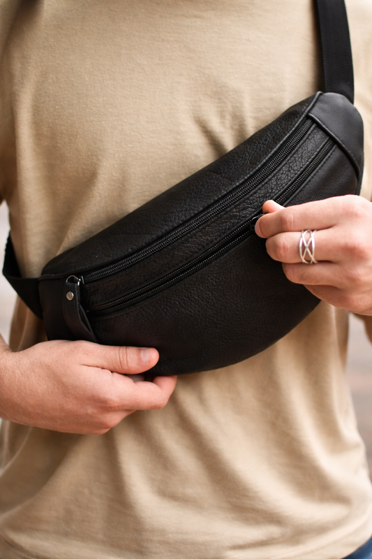 Handmade Mens Black Genuine Leather Banana Bag Waist Bag Gift for Him