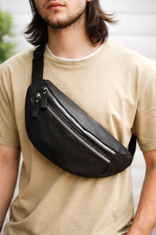 Handmade Mens Black Genuine Leather Fanny Pack Waist Bag Gift For Him