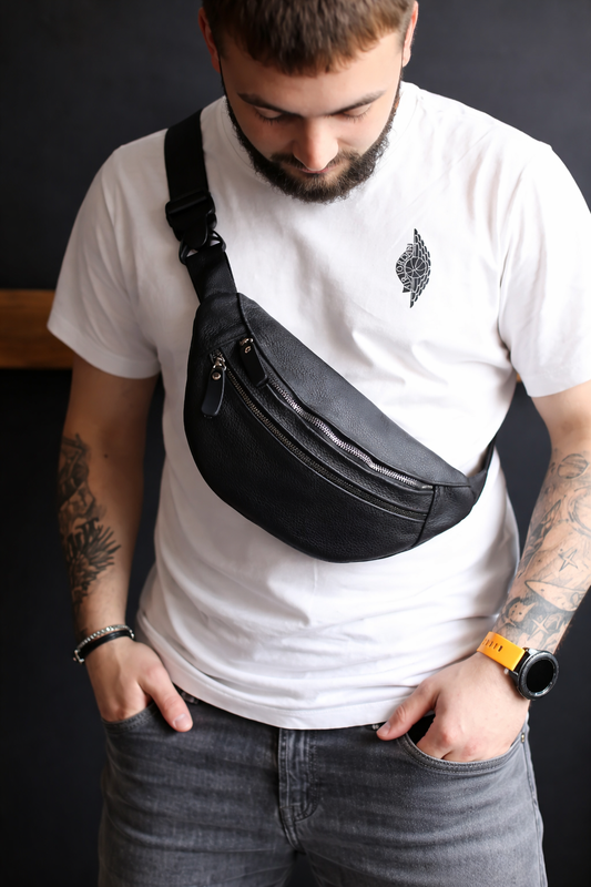 Handmade Mens Black Leather Waist Bag Gift For Him