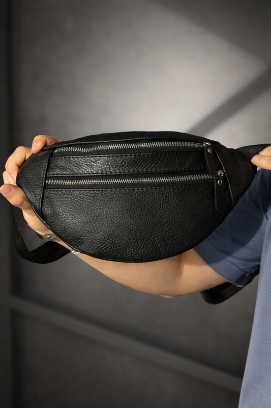 Mens Handmade Leather Banana Bag Black Waist Bag Gift For Him