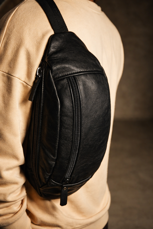Handmade Genuine Leather Black Mens Belt Bag Waist Bag Gift for Him
