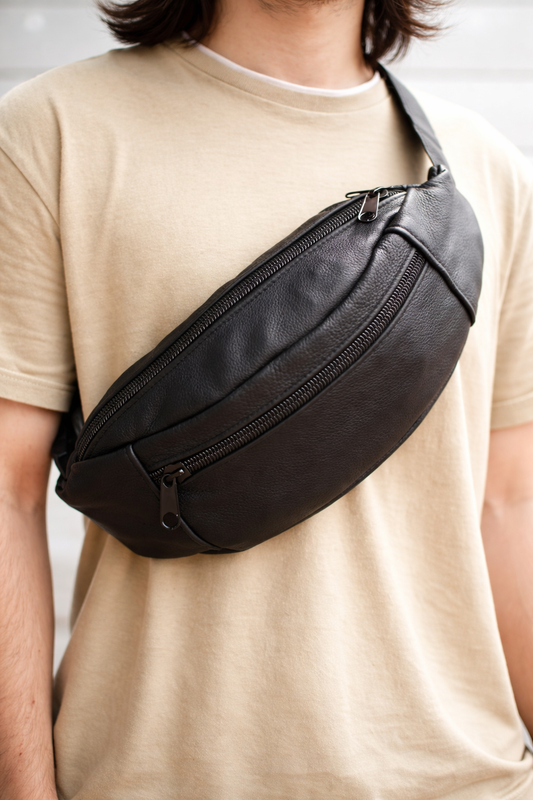 Handmade Mens Black Leather Banana Bag Waist Pack Gift for Him