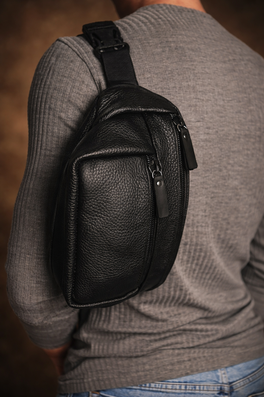 Handmade Black Genuine Leather Mens Banana Bag Waist Fanny Pack Gift for Him