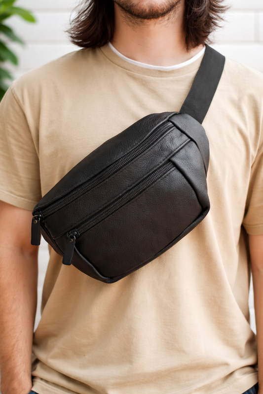 Handmade Mens Black Leather Belt Bag Gift For Him