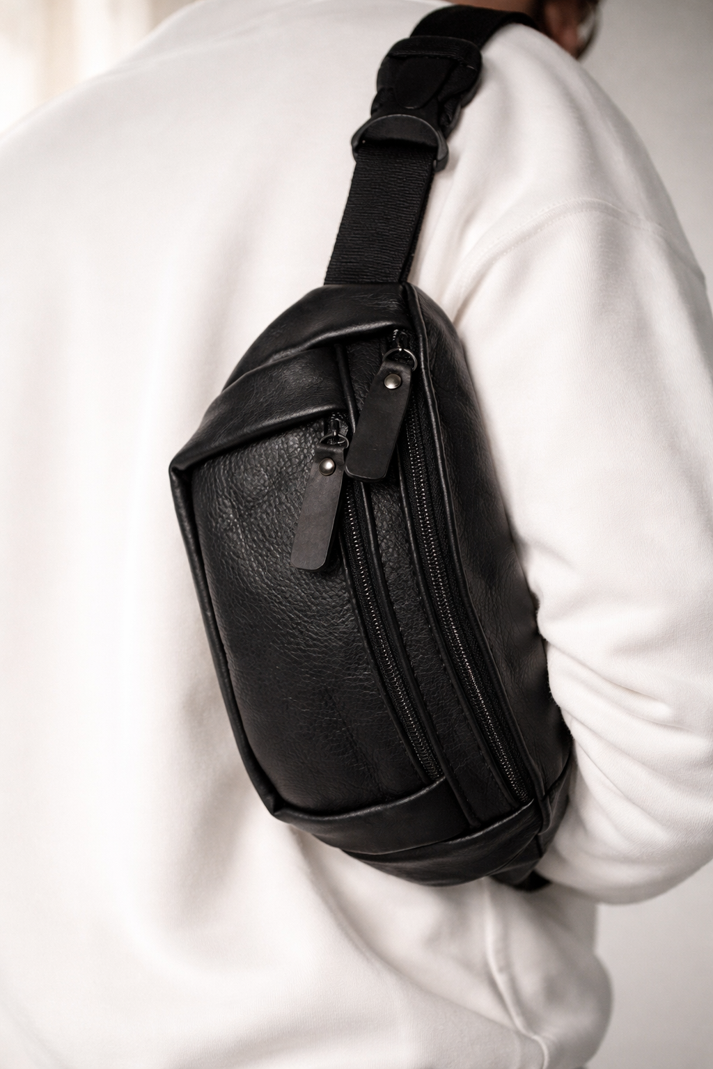 Handmade Black Genuine Leather Mens Banana Bag Waist Bag Gift For Him