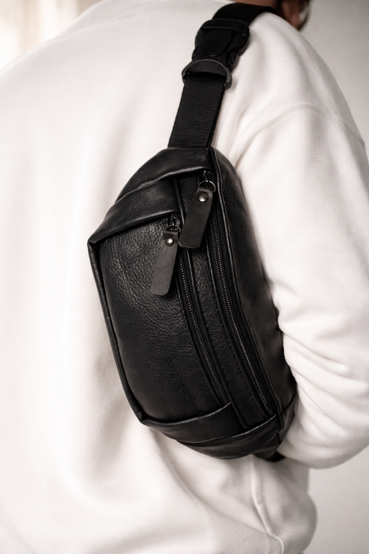 Handmade Black Genuine Leather Mens Banana Bag Waist Bag Gift For Him