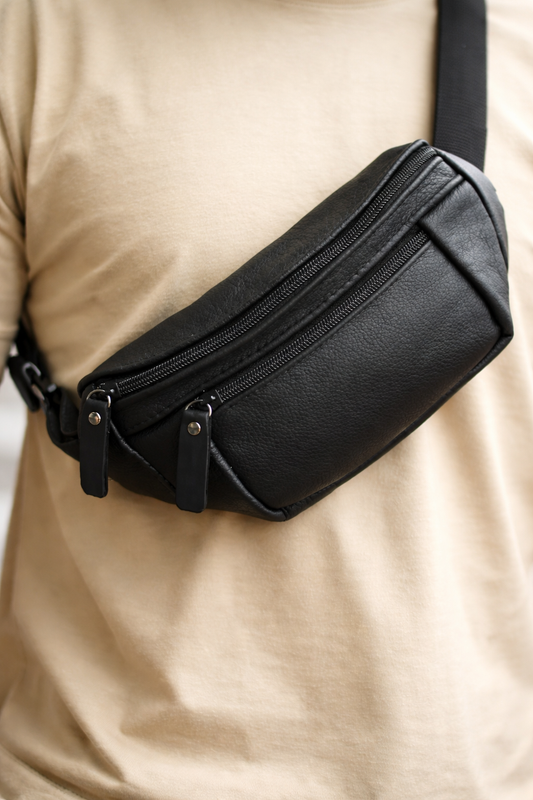 Handmade Mens Black Leather Belt Bag Waist Bag Gift for Him