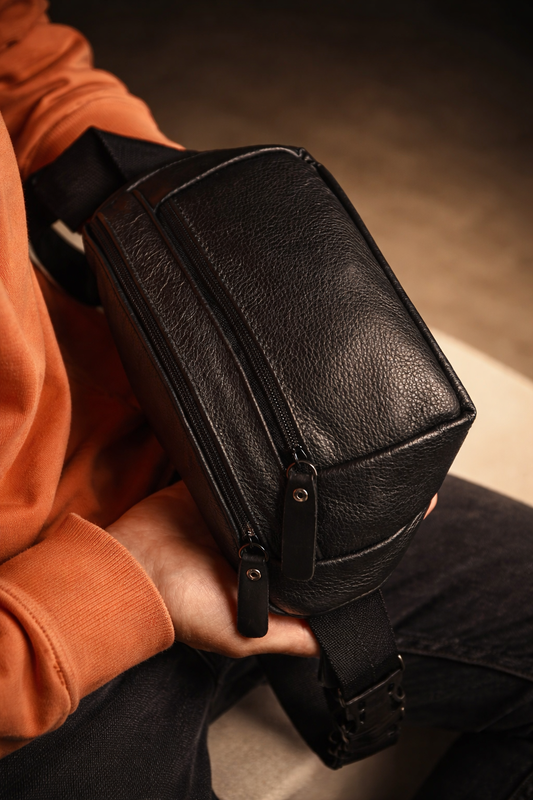 Handmade Mens Black Leather Banana Bag Gift for Him Genuine Leather Waist Bag