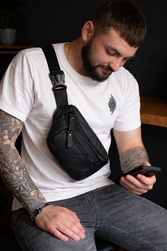 Handmade Mens Black Leather Banana Bag Gift for Him Leather Waist Bag