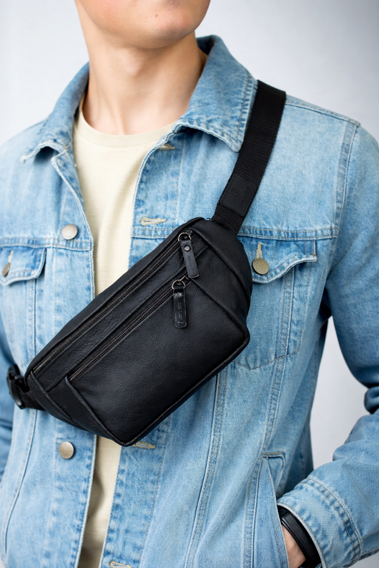 Mens Handmade Leather Belt Bag Black Waist Bag Gift for Him