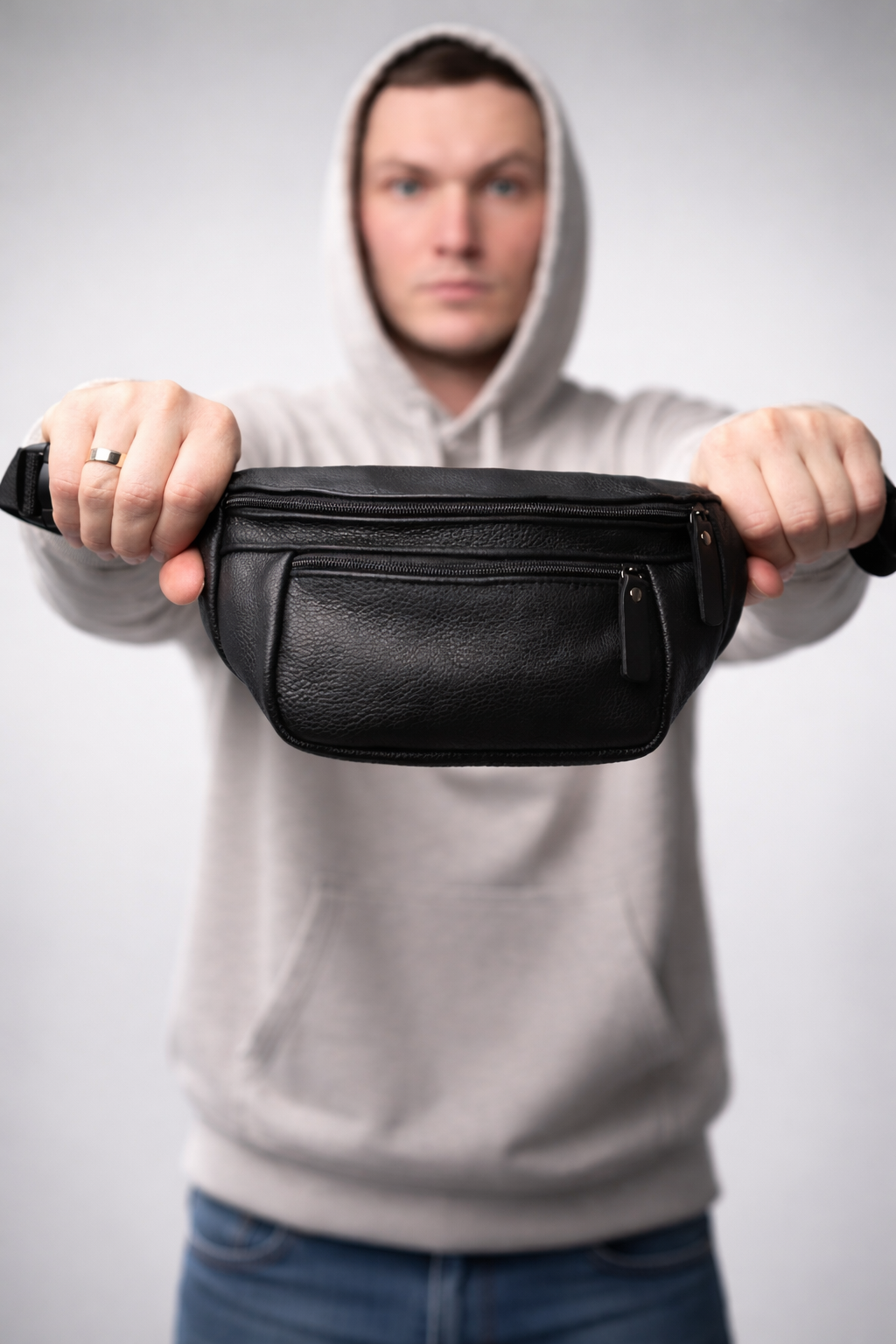 Mens Handmade Leather Banana Bag Black Stylish Fanny Pack Gift for Him