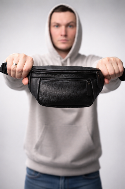 Mens Handmade Leather Banana Bag Black Stylish Fanny Pack Gift for Him
